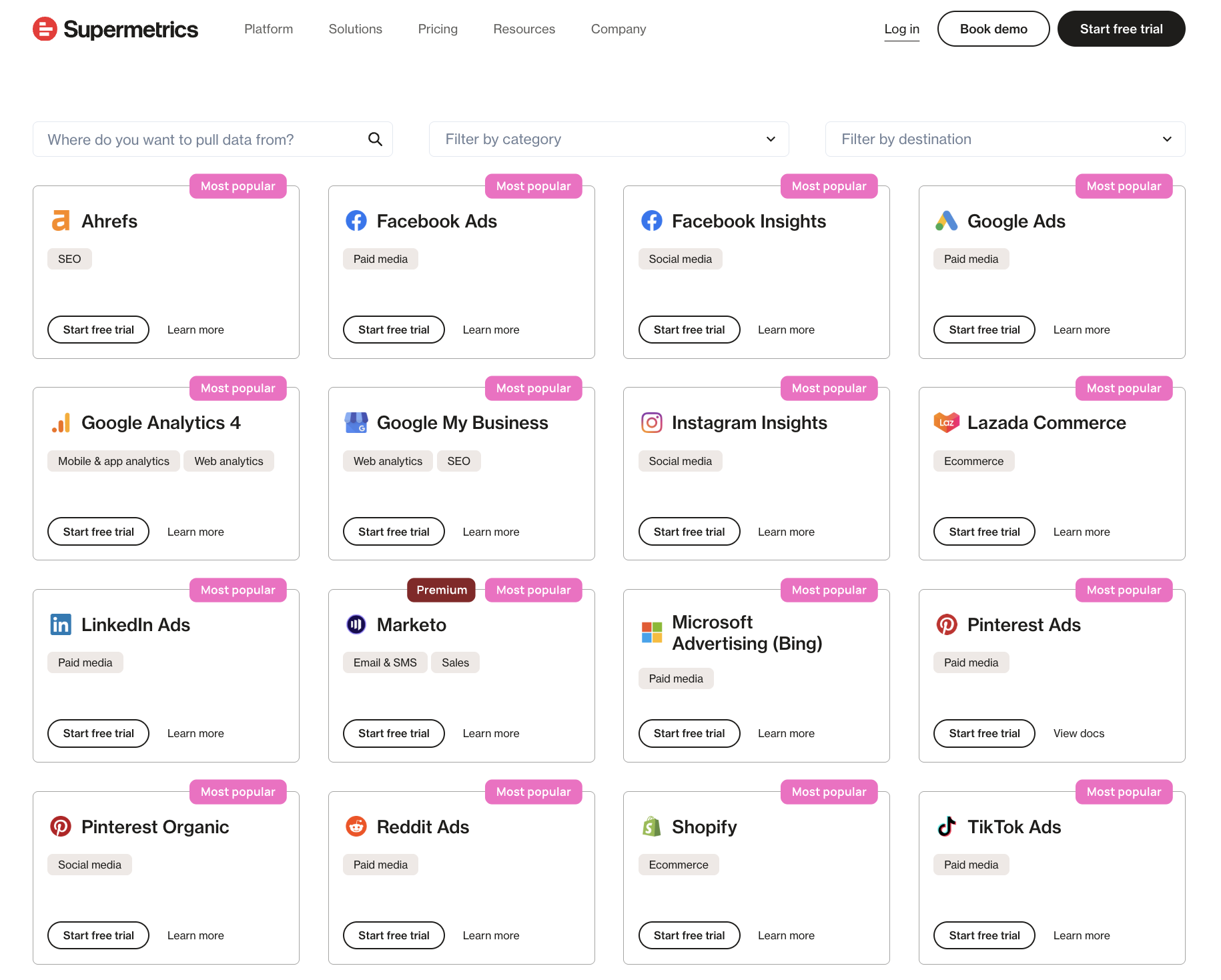 Supermetrics Connector List - Website UI showing Supermetrics connector options.