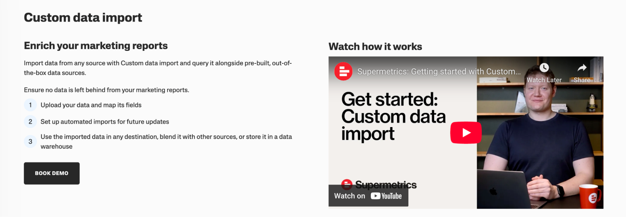 Supermetrics Custom Data Import - Landing page with text and video on custom data import.