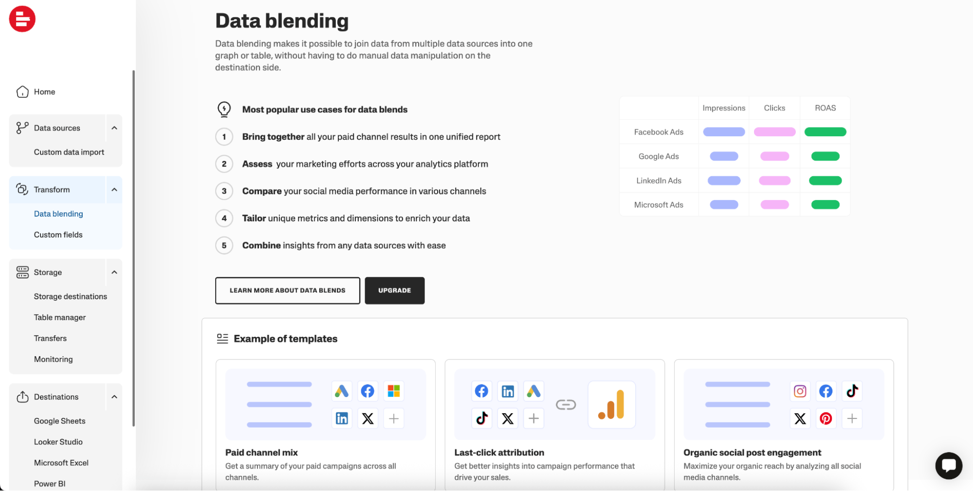 Supermetrics Data Blending Page - A dashboard showing data blending features and template examples.