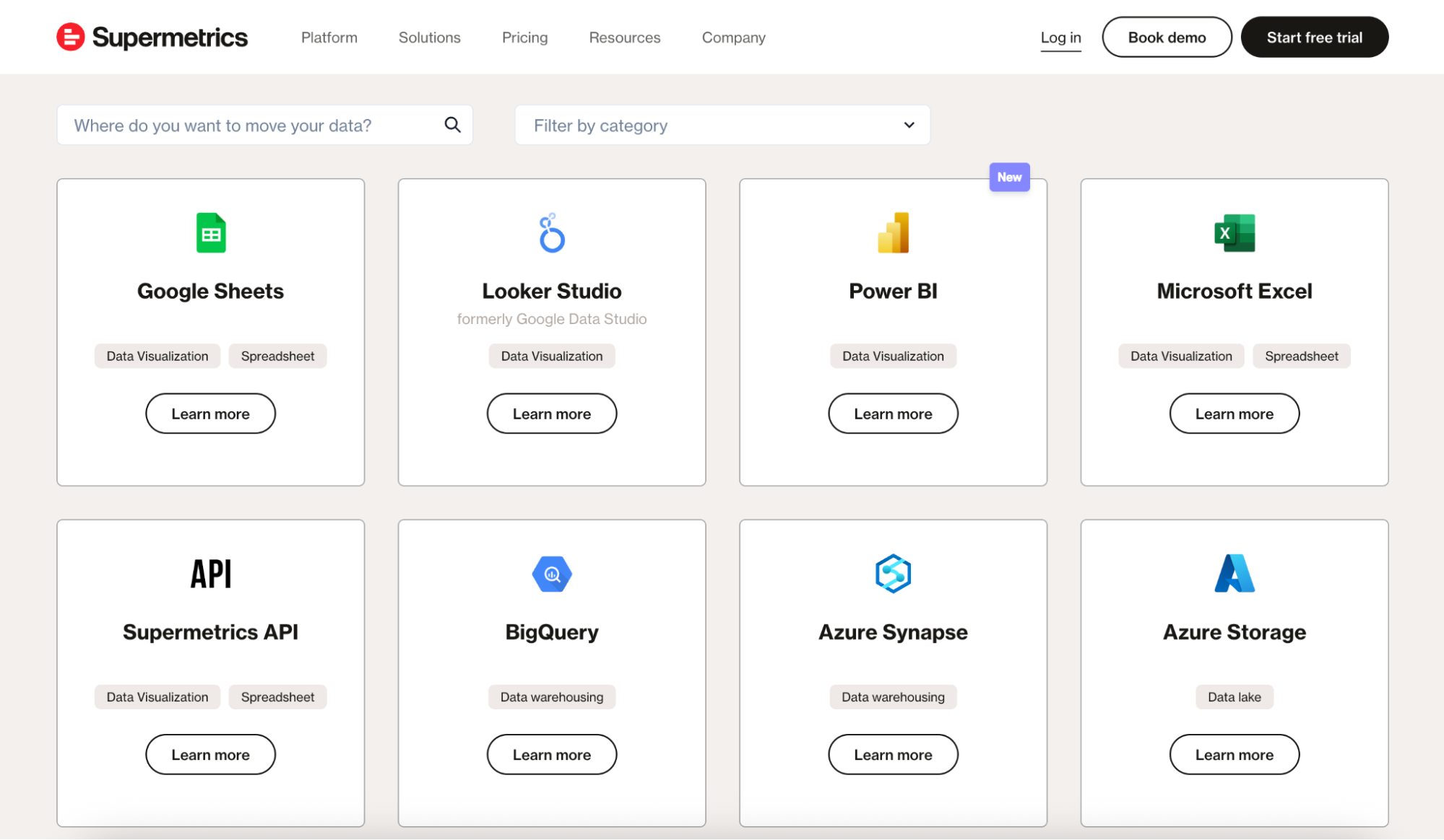 Supermetrics Data Destinations - Website showing Supermetrics data integrations.
