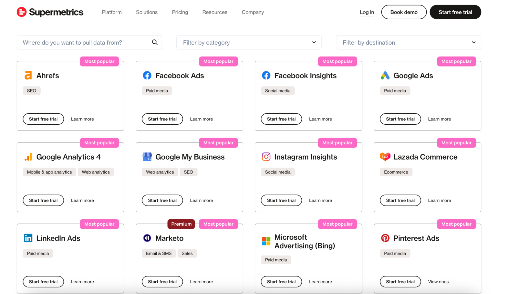 Supermetrics data source connectors - Website with Supermetrics logo, search bars, and various data connector options.