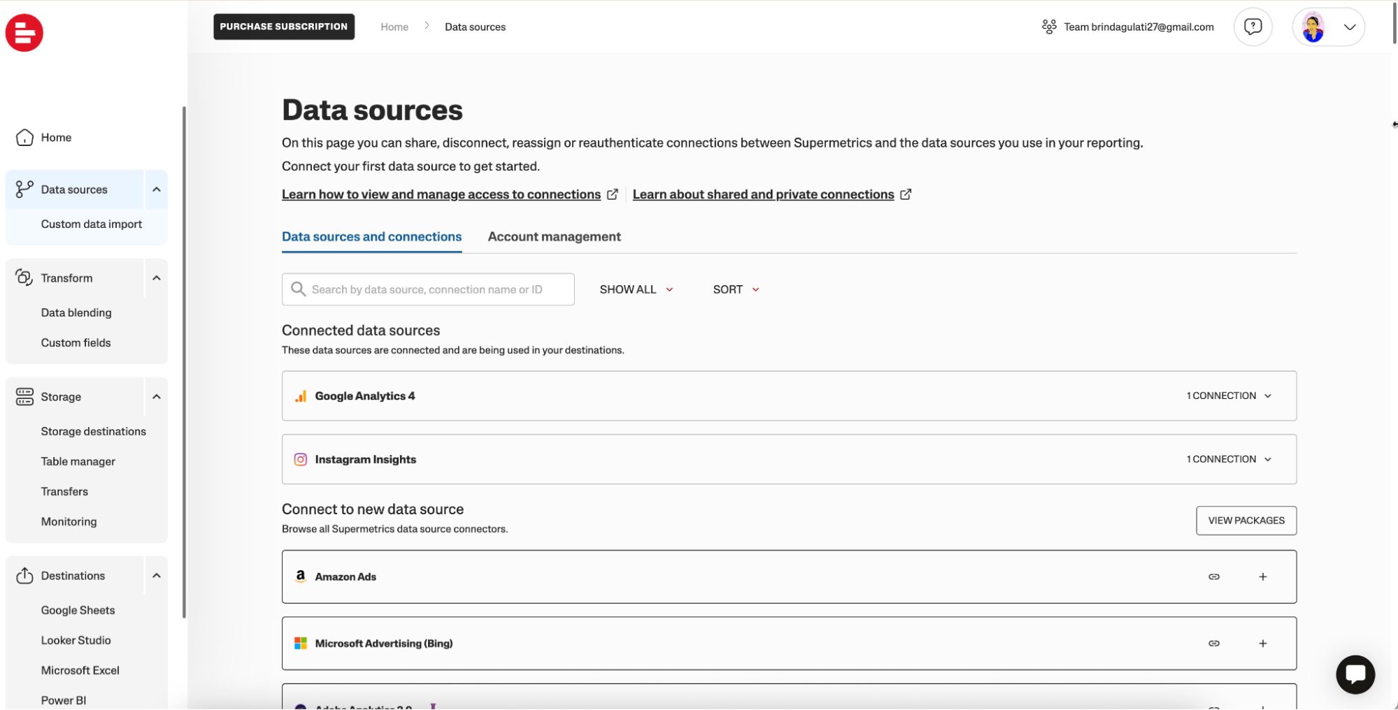 Supermetrics data sources interface - The Supermetrics data sources interface shows data connections and options for account management.