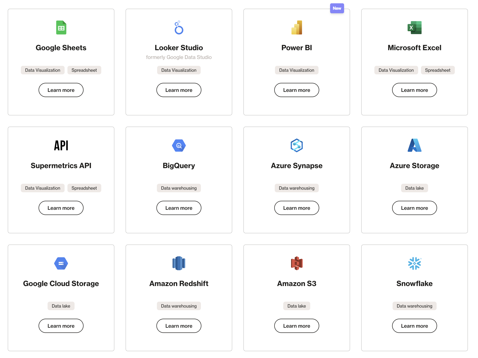 Supermetrics destinations - Grid layout of various data visualization and storage tools.