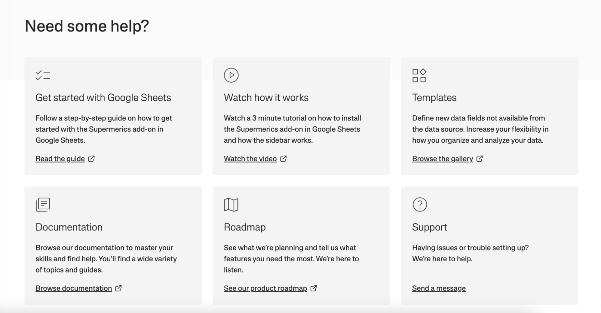 Supermetrics Knowledge Base - A grid of support options for a software product.
