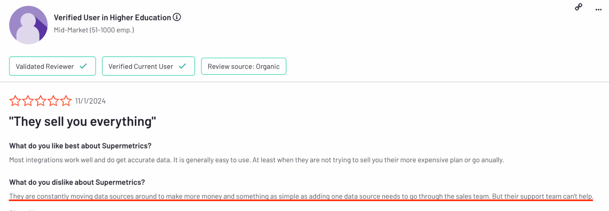 Supermetrics Negative Review - Review with four-star rating and user feedback.