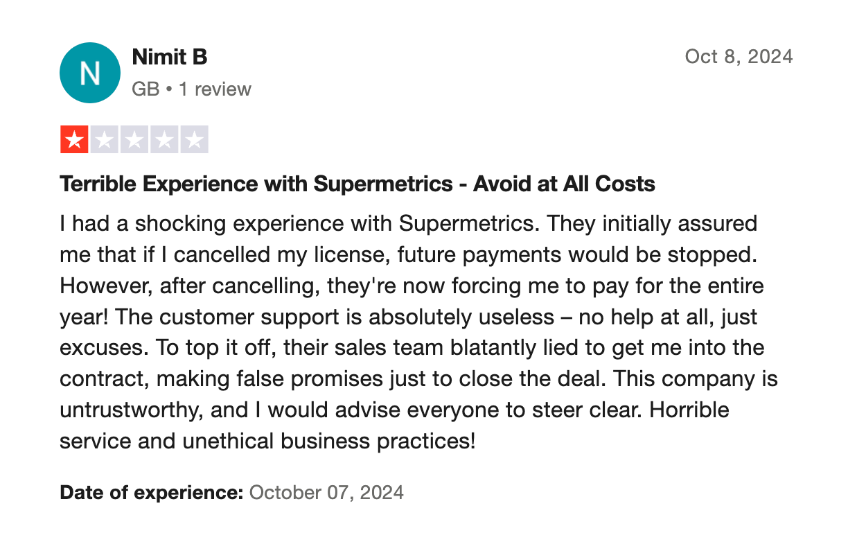 Supermetrics Negative Review On Trustpilot - Online review with one star, negative customer experience, dated October 2024.