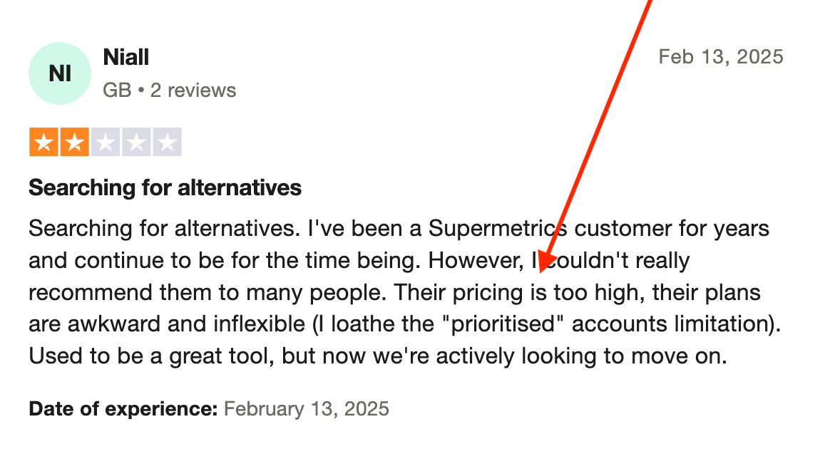 Supermetrics Negative Trust Pilot Review - TrustPilot review with 2 stars and negative feedback.