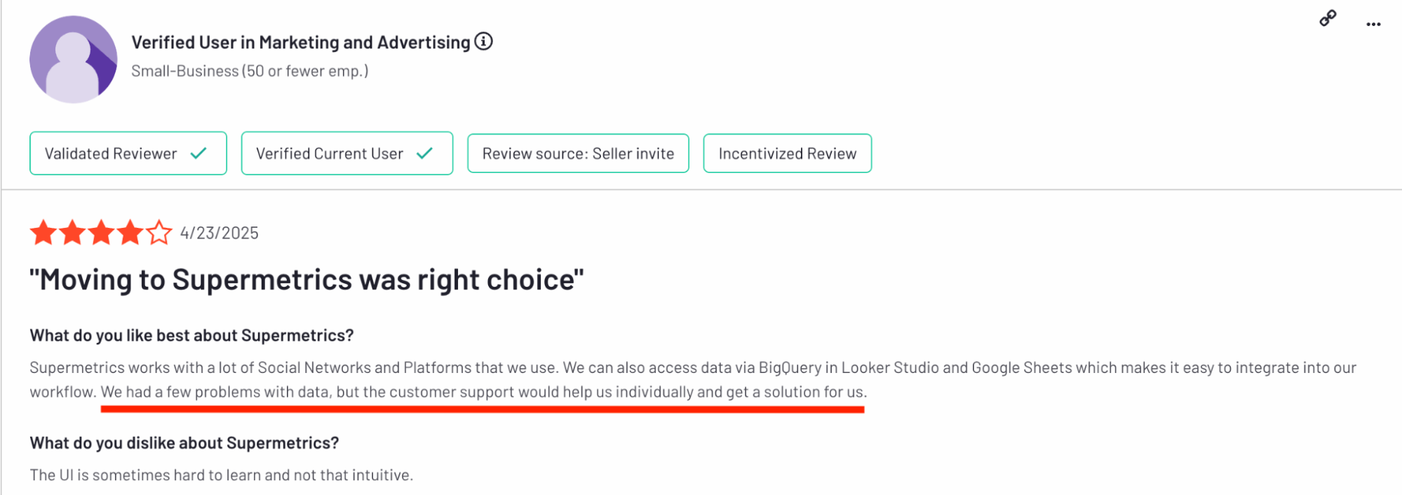Supermetrics Positive Support Review - Customer review with a 3.5-star rating.