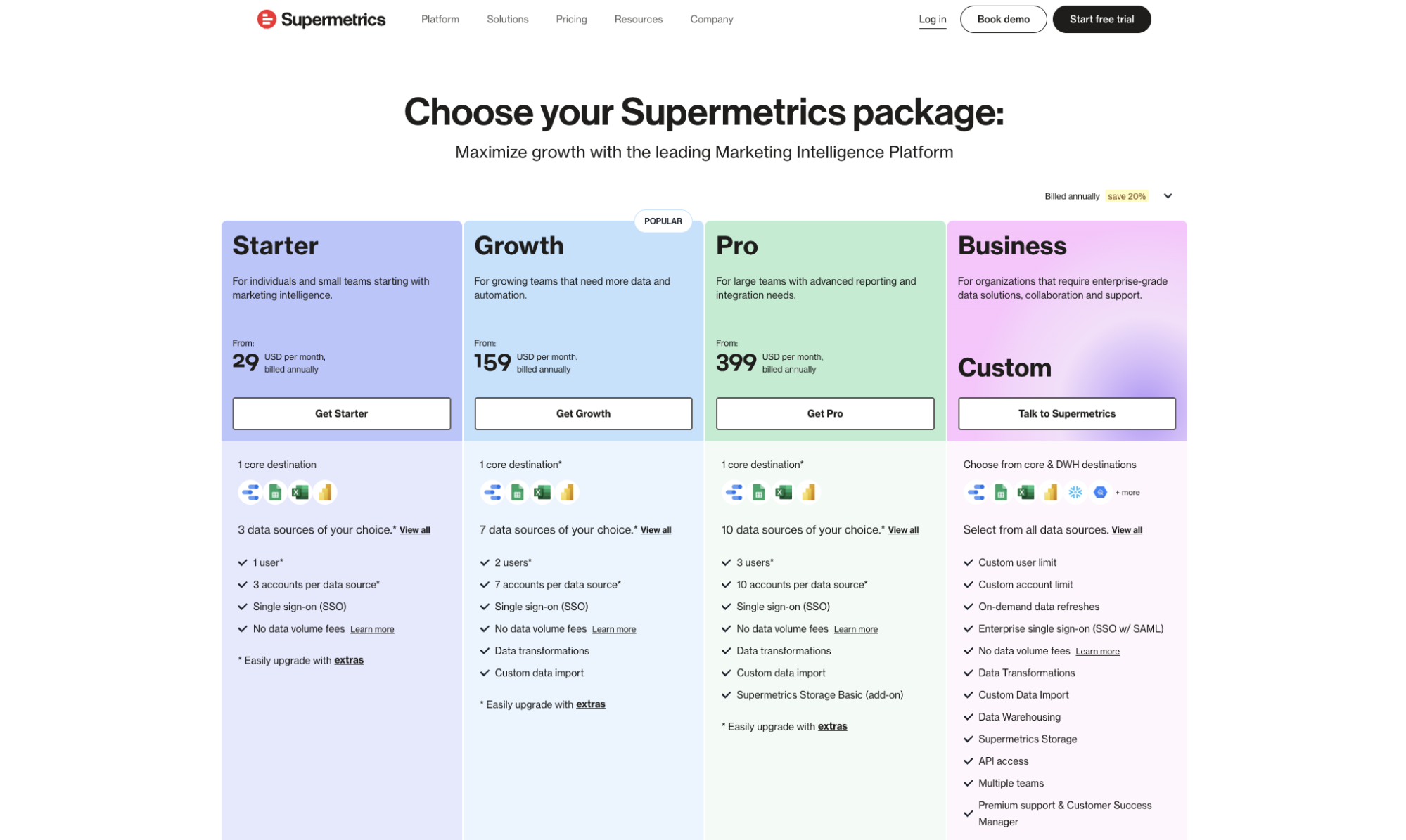 Supermetrics Pricing Page - Pricing chart comparing subscription plans and features.