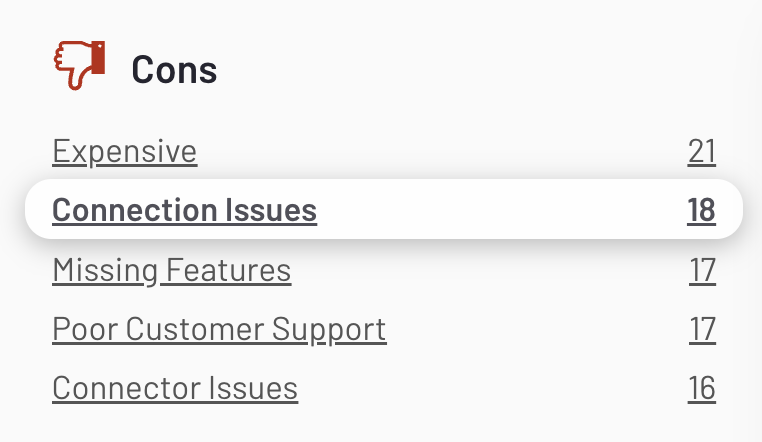 Supermetrics Review - A list of cons about a product or service, showing issues and counts.