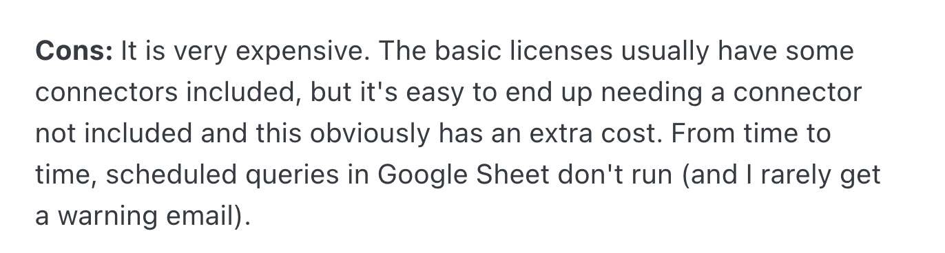 Supermetrics Review - Text describing the cons of Supermetrics.