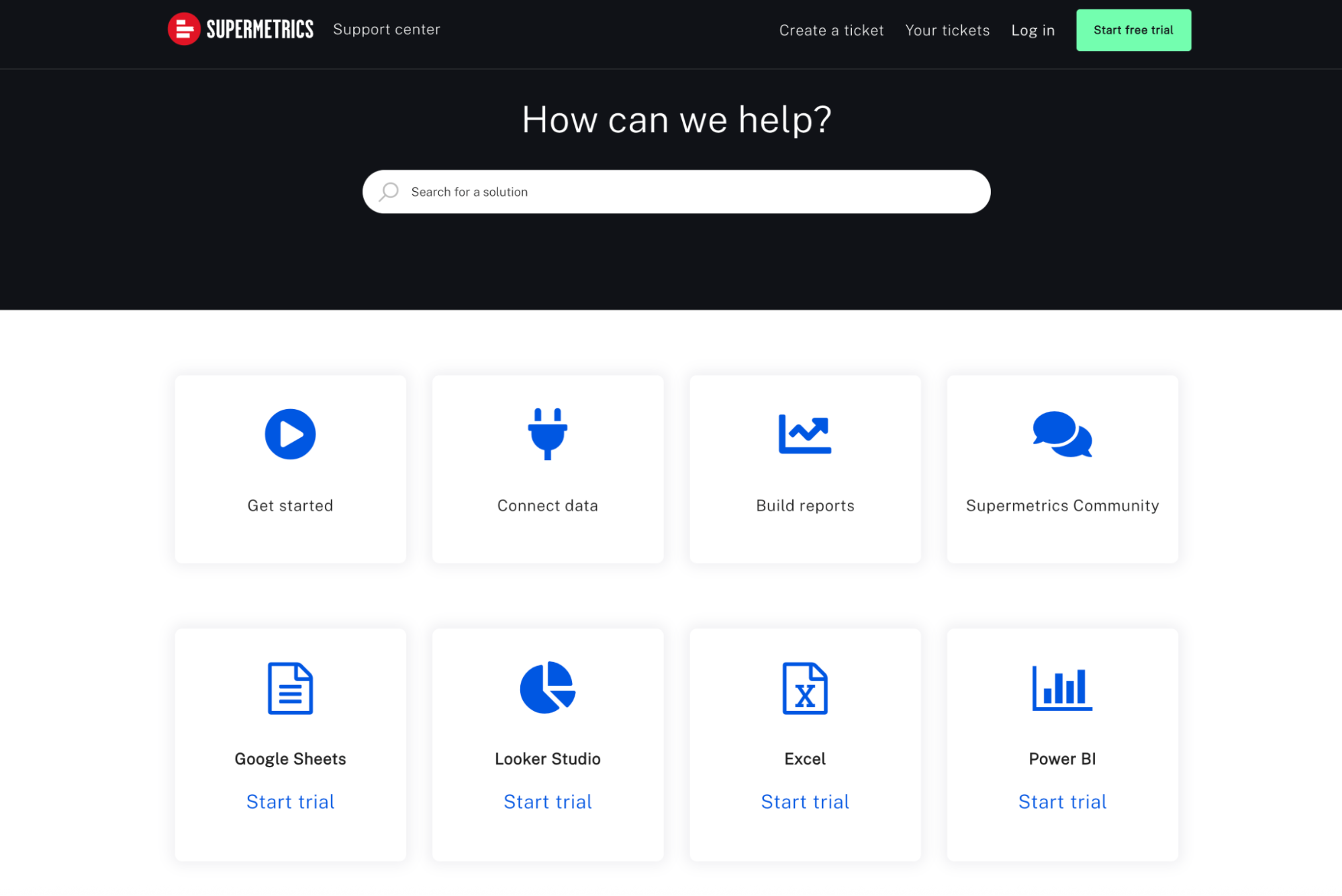 Supermetrics Support Center - A search bar over icons for various data tools.
