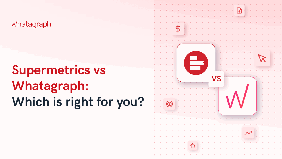 Supermetrics vs Whatagraph - Comparison graphic with logos for Supermetrics and Whatagraph on a dotted background.