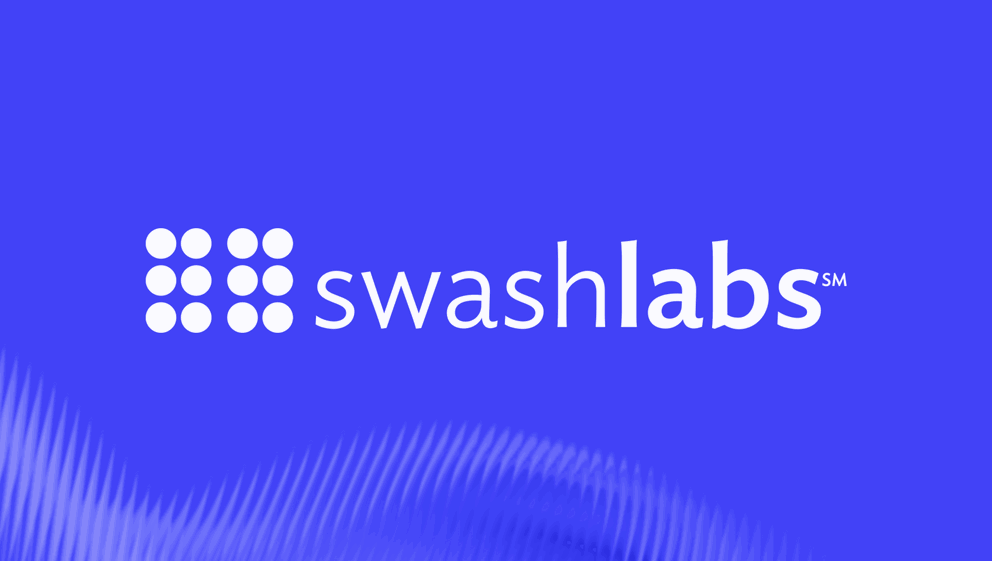 Swashlabs - Company logo against a blue background. The logo is comprised of white dots and text.