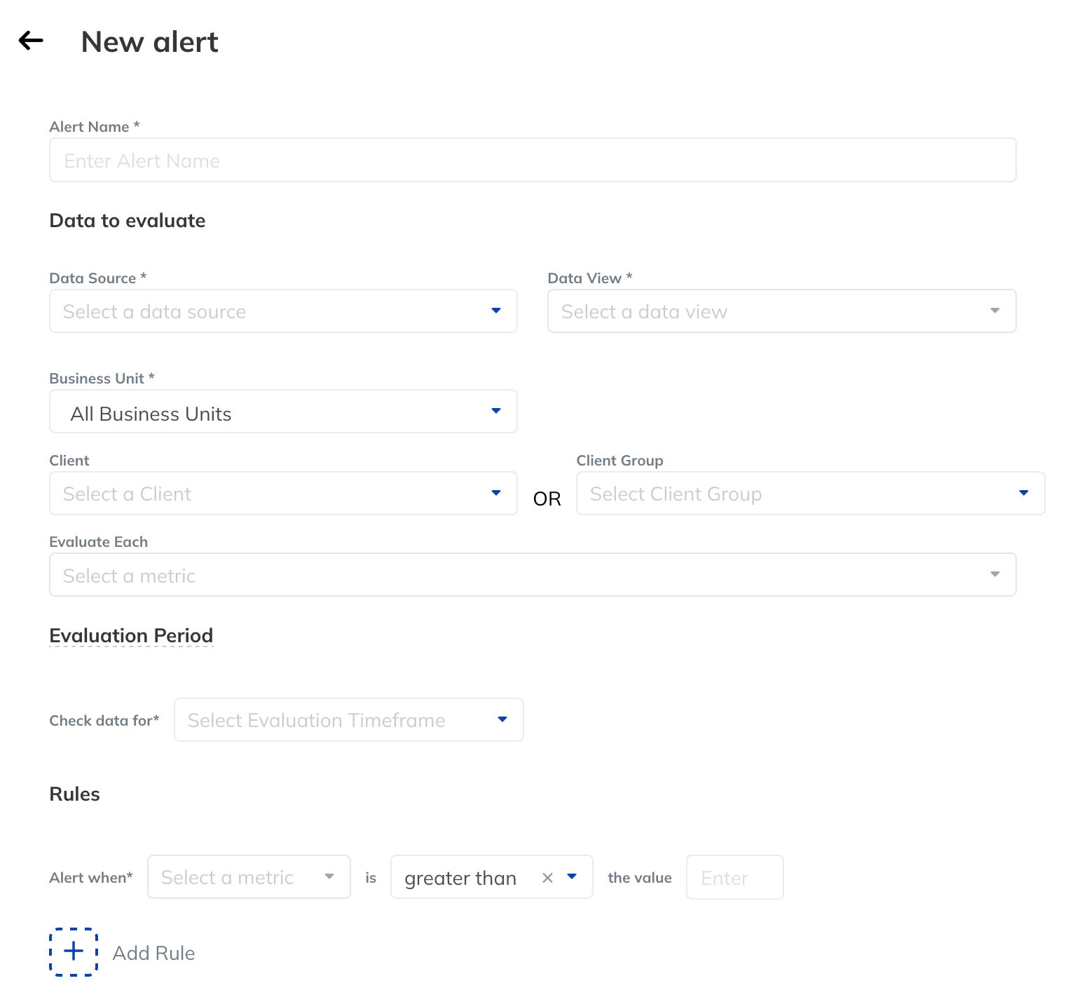 Tapclicks Alert Feature - Alert configuration screen with fields for alert name, data source, and evaluation criteria.