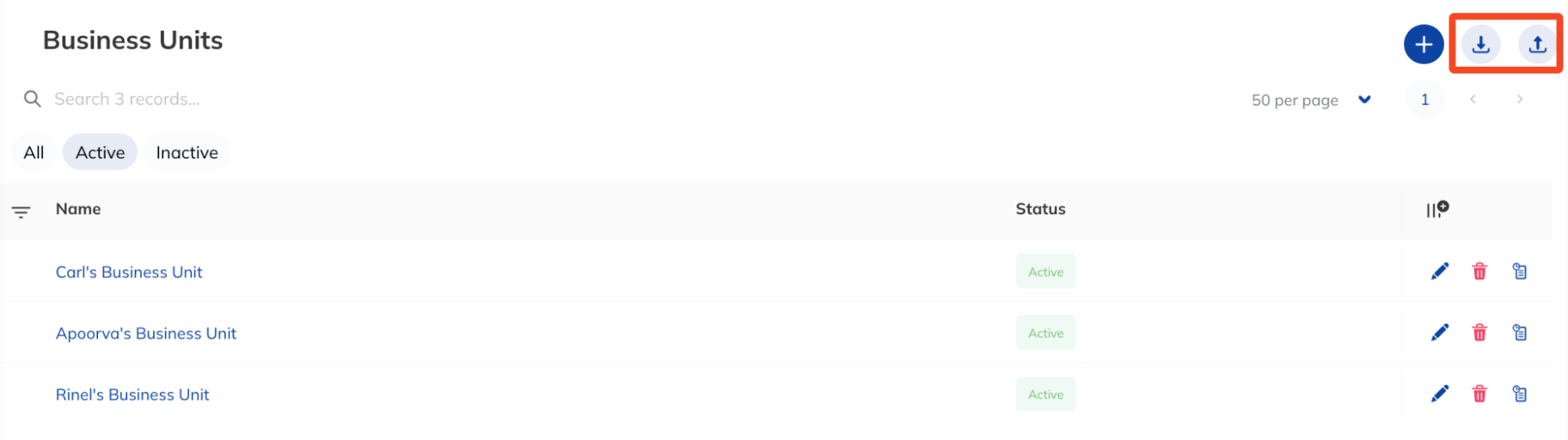Tapclicks Bulk Import And Export - List of active business units with download and upload buttons.