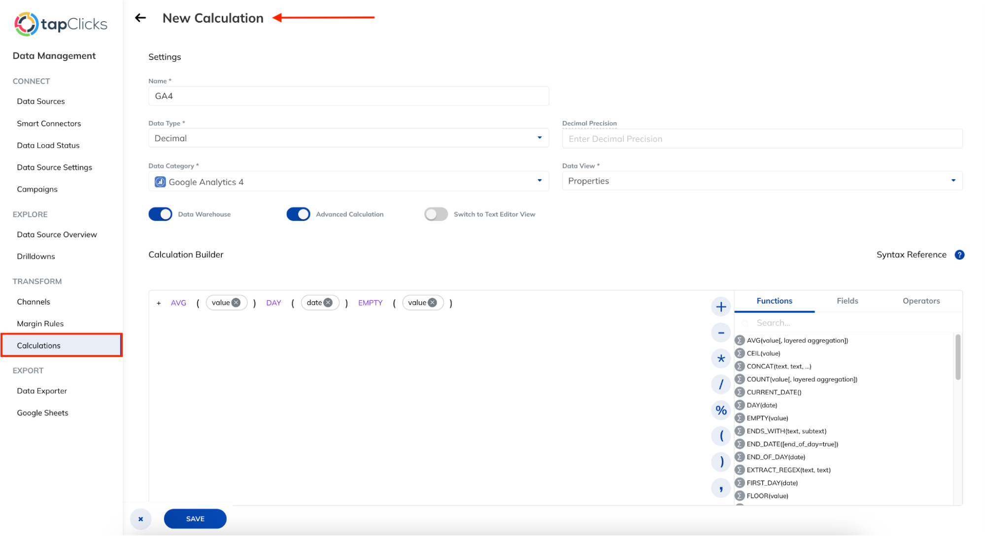 TapClicks Calculations Feature - Screenshot of the TapClicks 