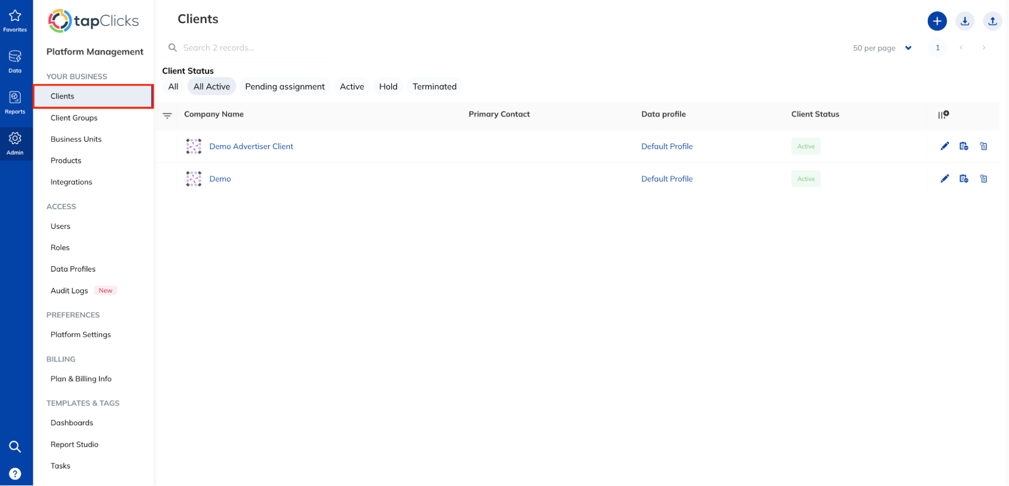 Tapclicks Clients - A dashboard with list of clients, showing their status as active.