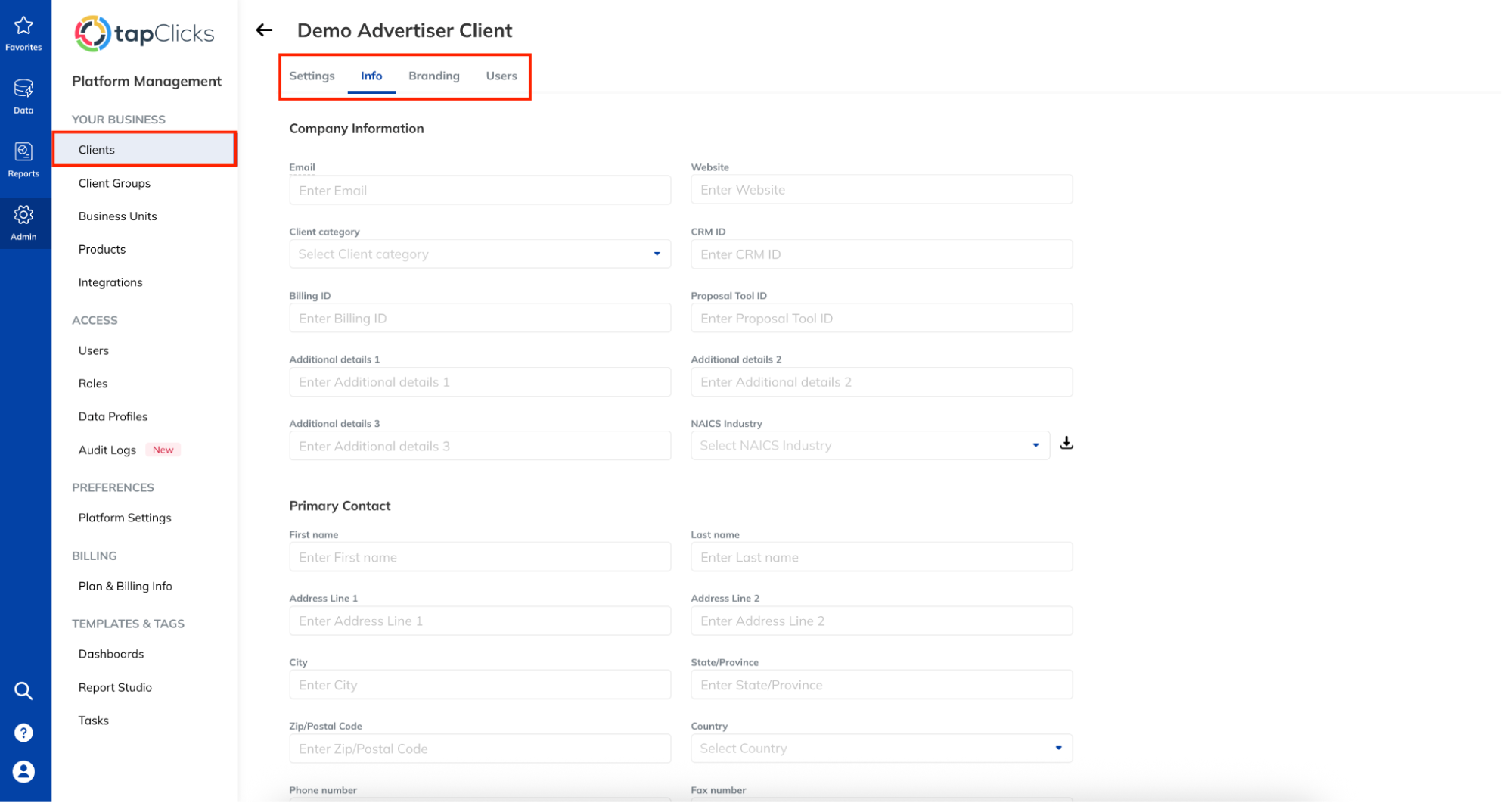 TapClicks Clients Info Settings - TapClicks interface showing client information form.