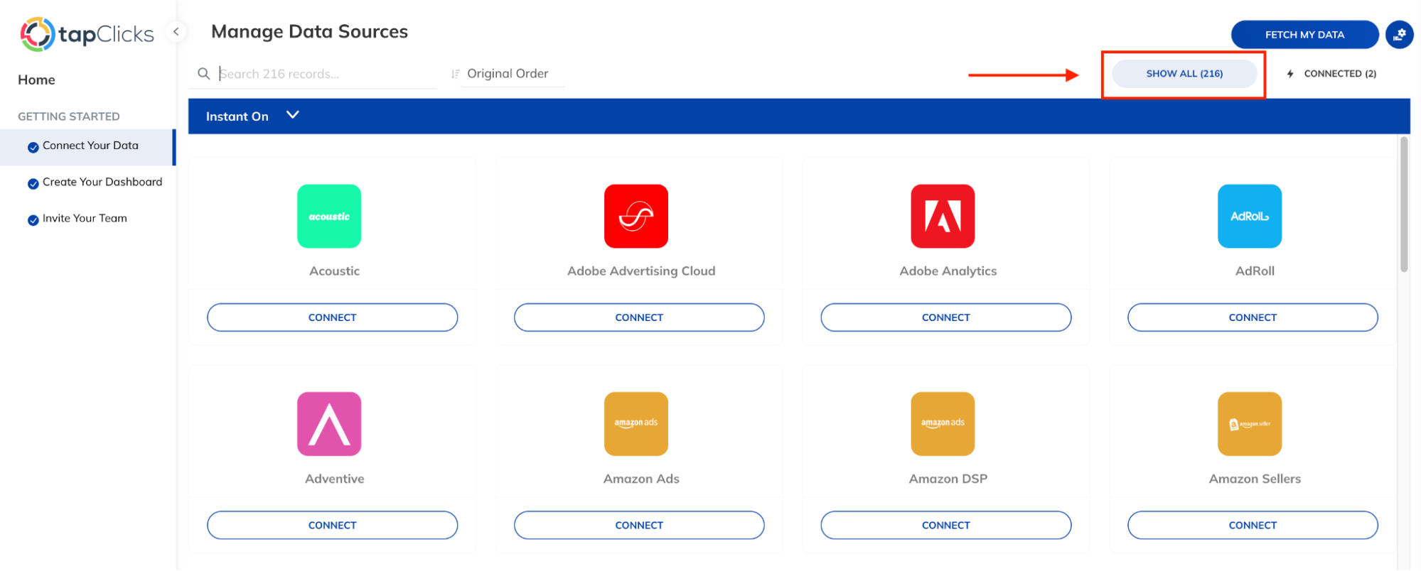 Tapclicks Data Sources Connector - Data source connector interface, displaying available data integrations.