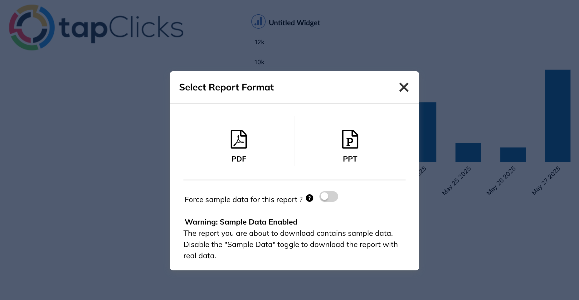 TapClicks export options - A modal window with options for PDF and PPT report formats.