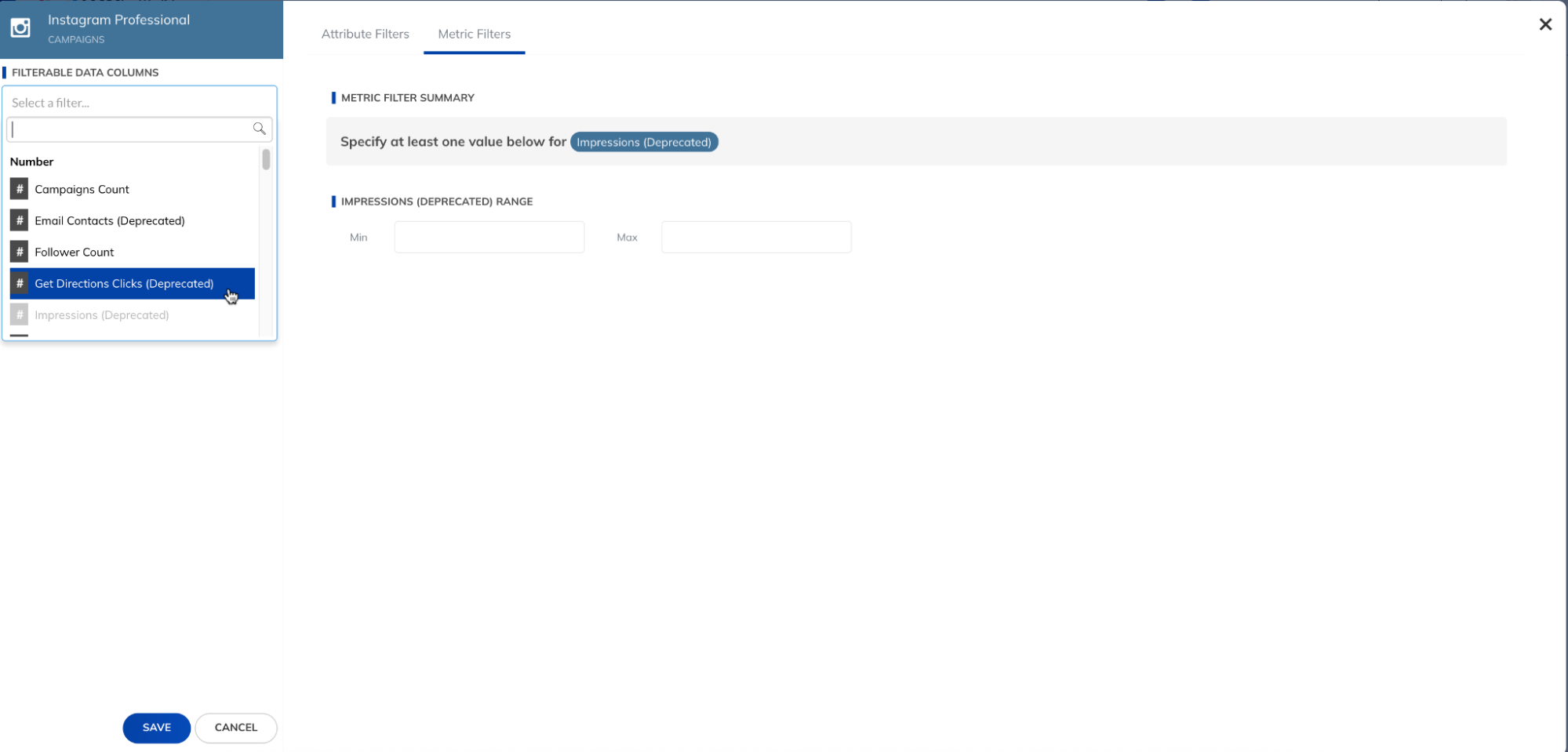 TapClicks Filters Feature - A panel with filterable data columns.