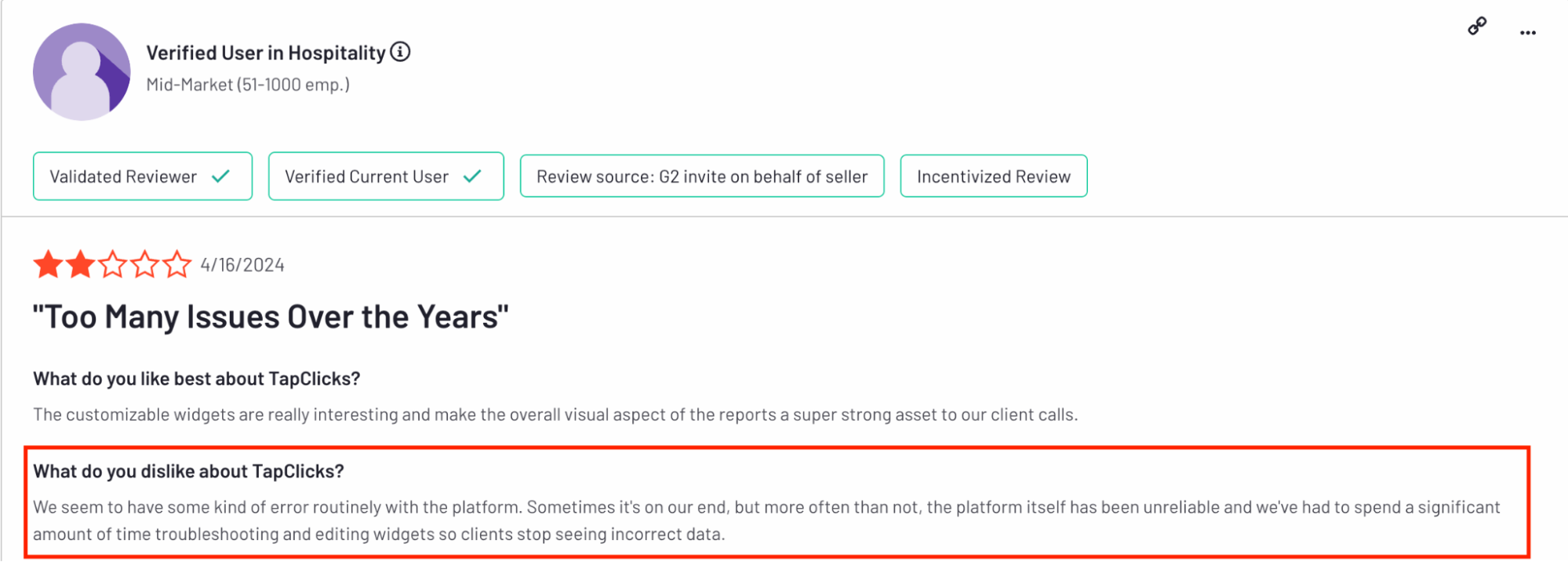 Tapclicks Negative Review - Online review with text and star ratings.