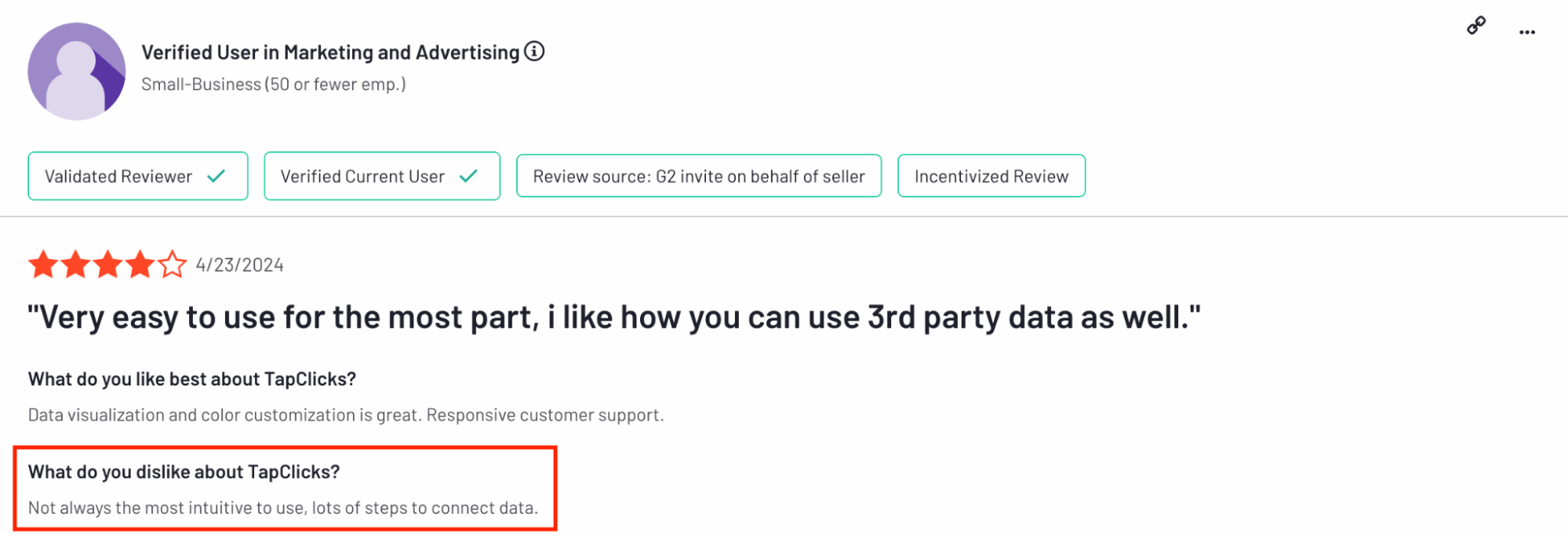 Tap Clicks Not Intuitive To Use Review - User review highlighting data visualization and color customization.