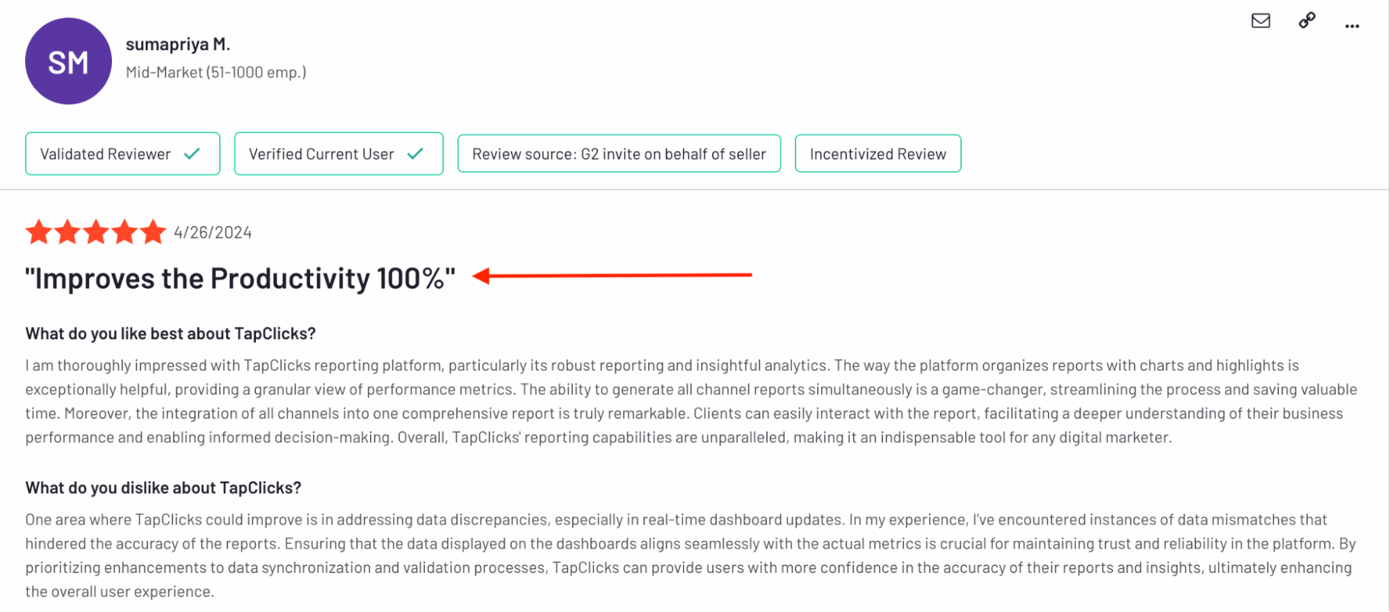 Tapclicks Positive Review - A customer testimonial on TapClicks platform.