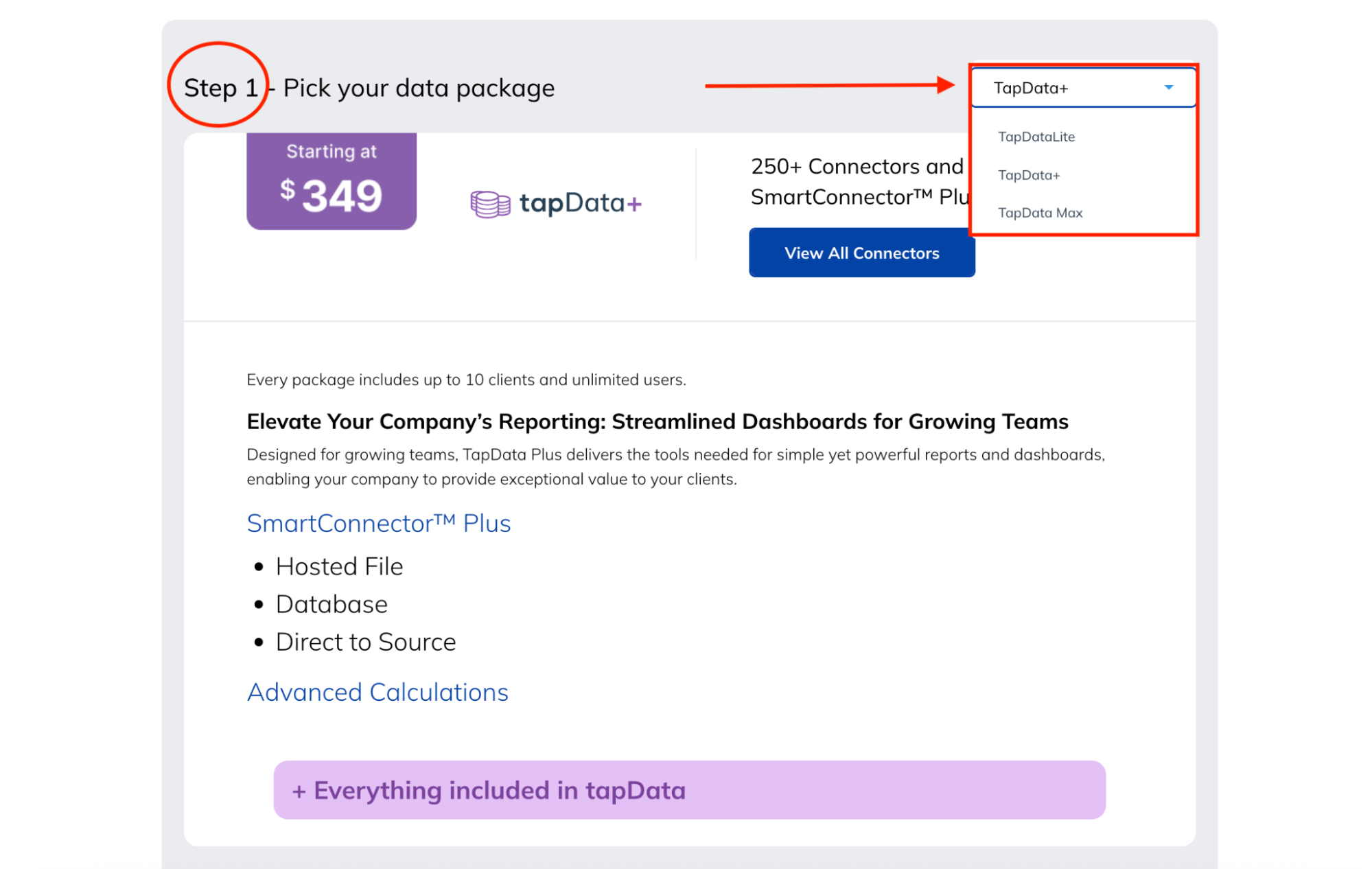 TapClicks Pricing - Data package selection menu with three plan options.