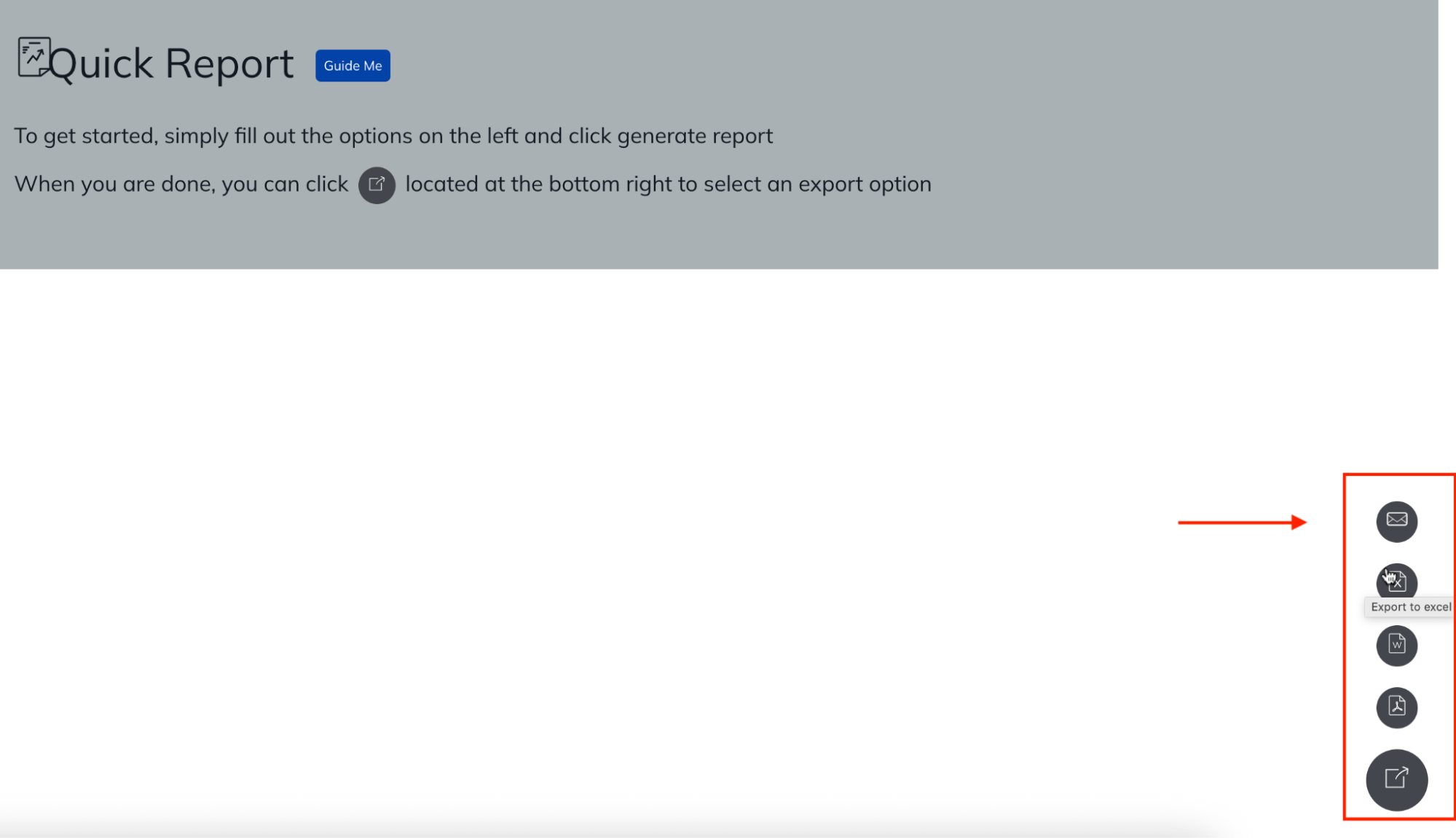 TapClicks Quick Report Export - Export options displayed on right side of page.