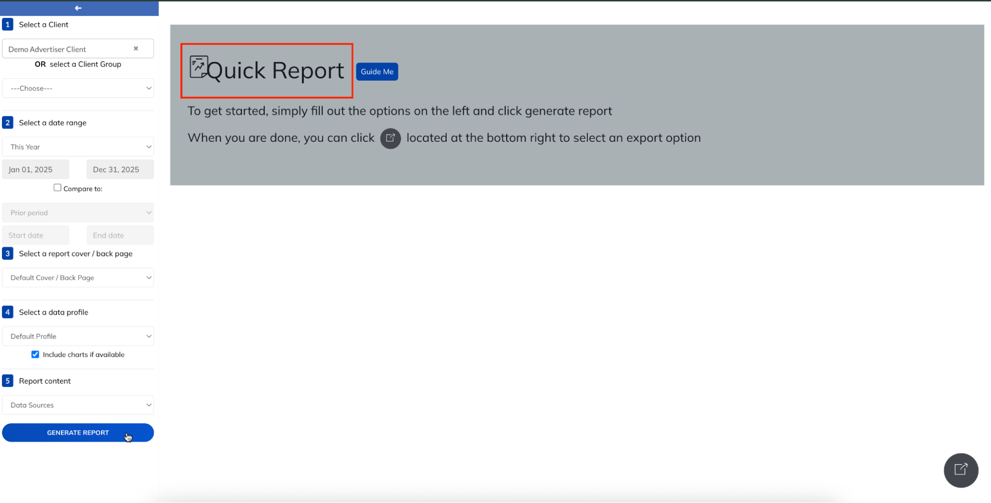 TapClicks Quick Reports Builder - Report creation interface with options and instructions.