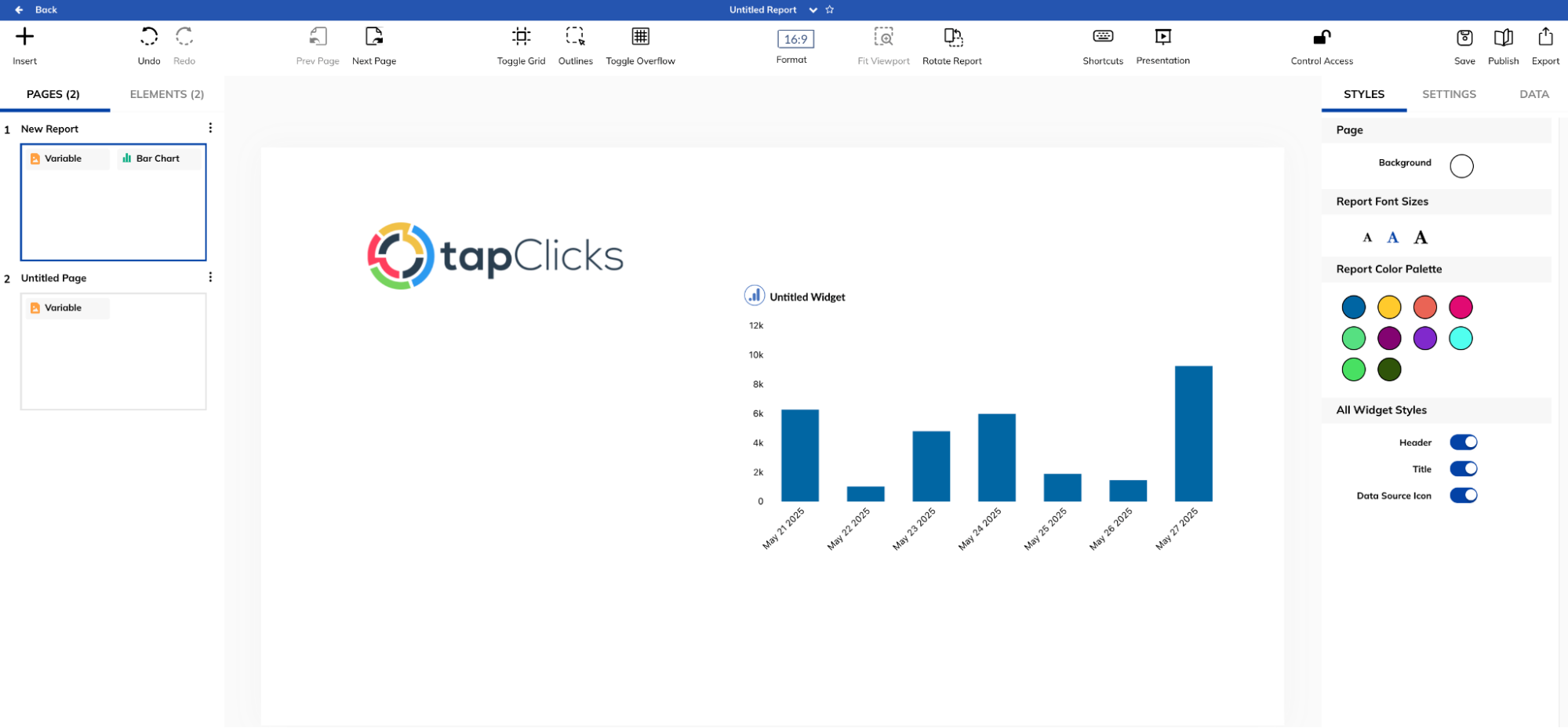 Tapclicks Report Builder - A report builder interface with a bar chart and style settings.