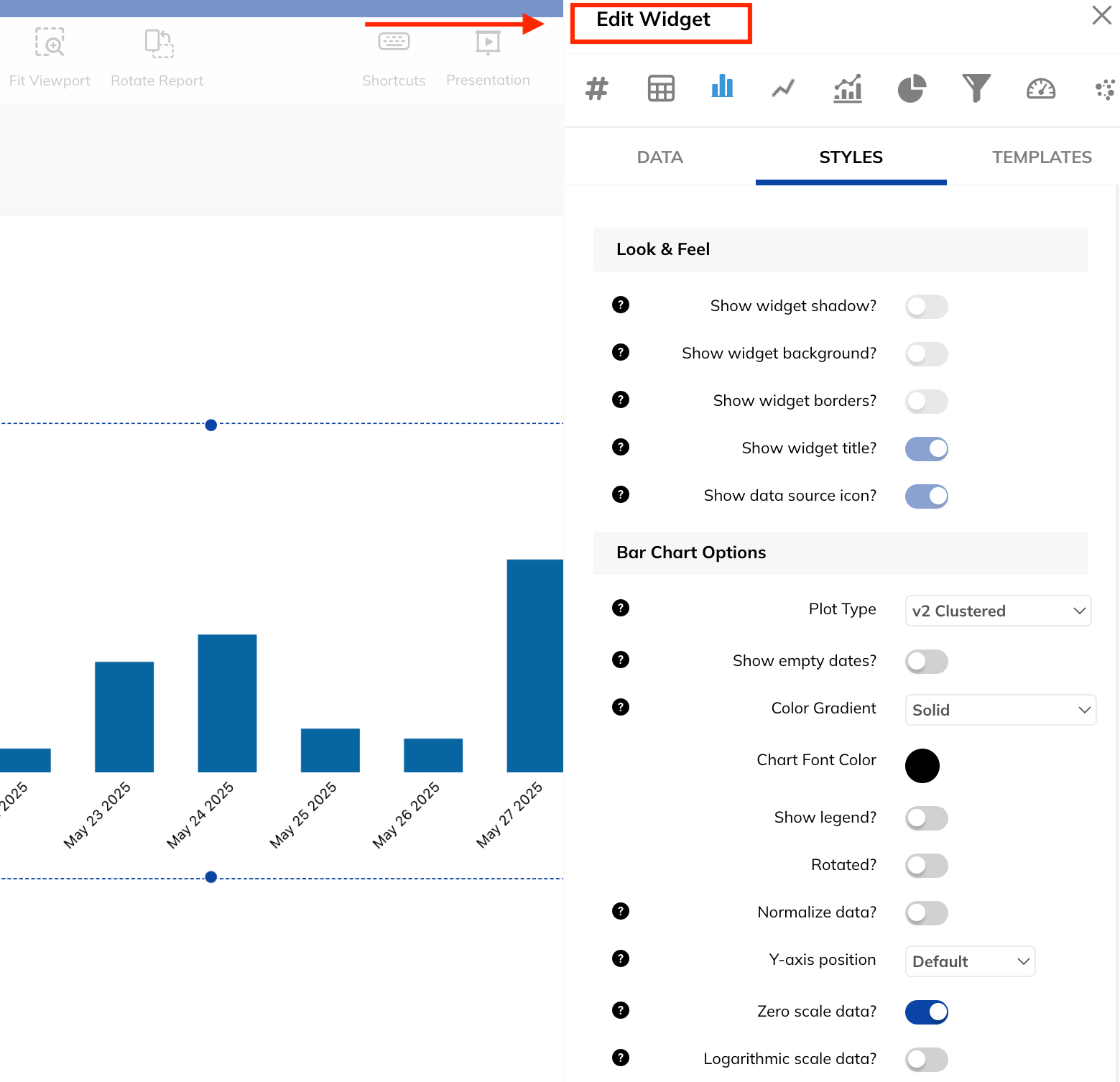 TapClicks Report Builder Customization - A panel to edit widget styles of a bar chart.