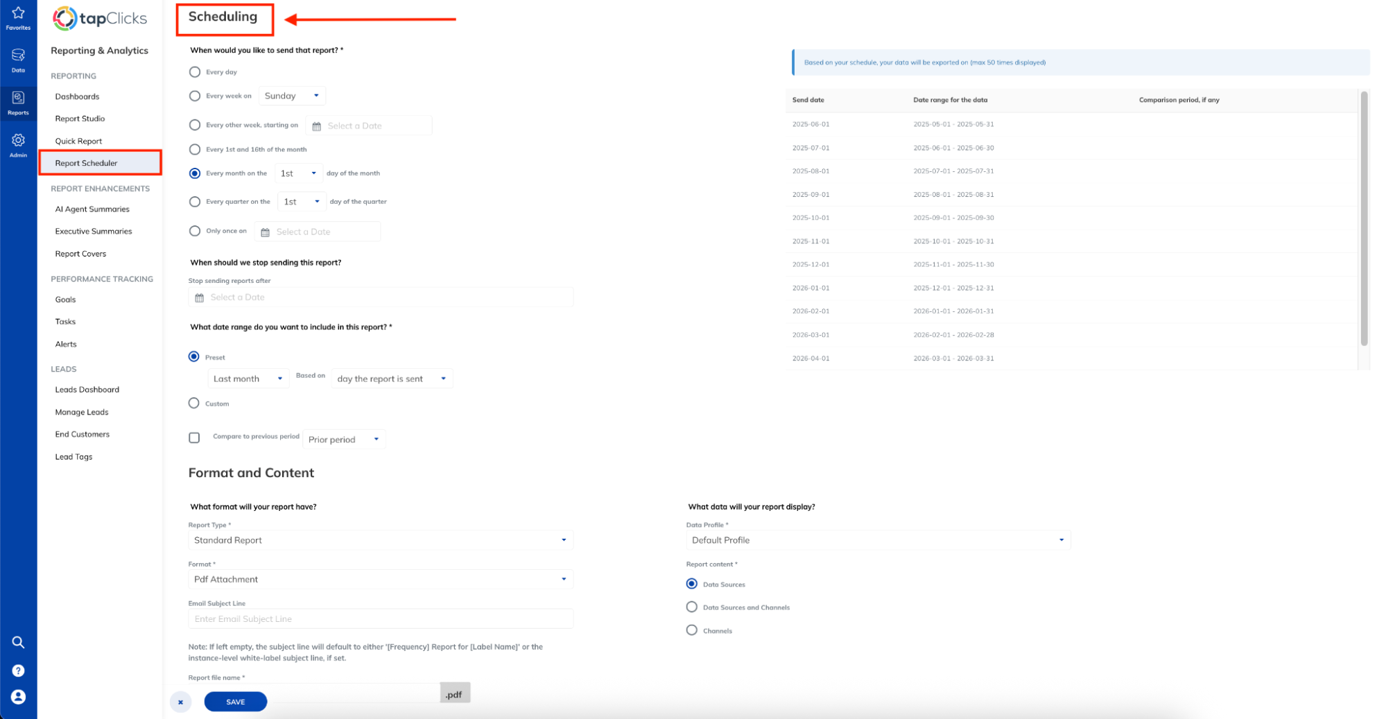 TapClicks Report Scheduler Feature - Report scheduler with various options on the left-hand side of the screen.