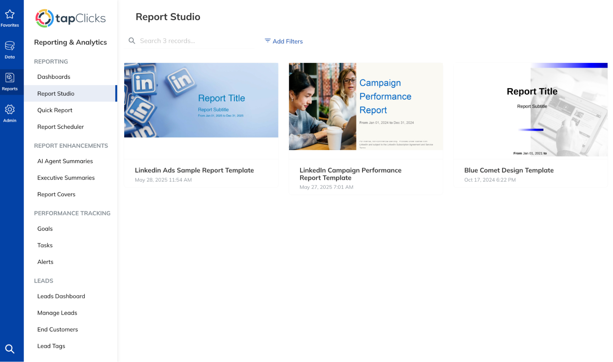 TapClicks Report Studio - Dashboard of report templates with search bar and navigation menu.
