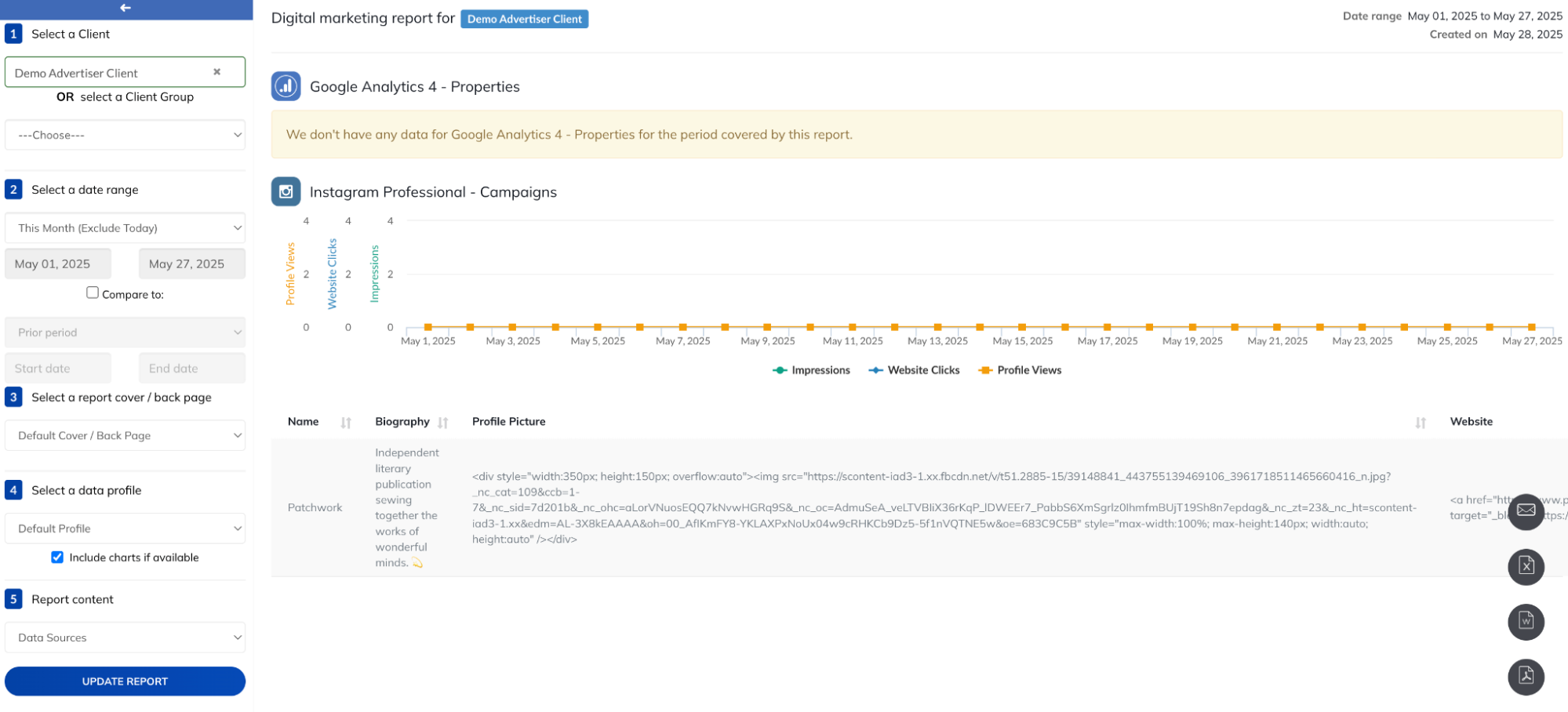 TapClicks Reports Builder - Interface showing report customization and Instagram campaign data.