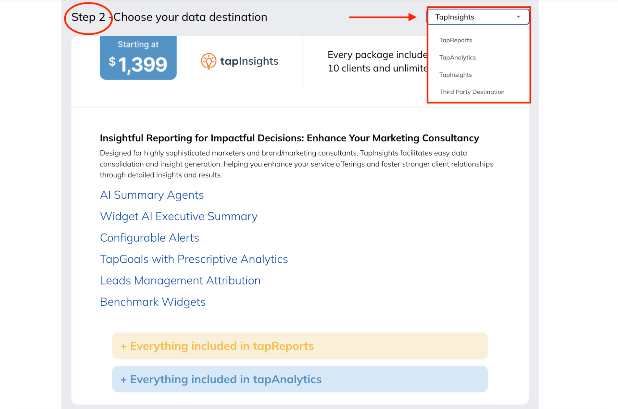 Tapclicks Tapinsights Pricing - Screenshot showing a pricing page, step 2 is to select destination data.