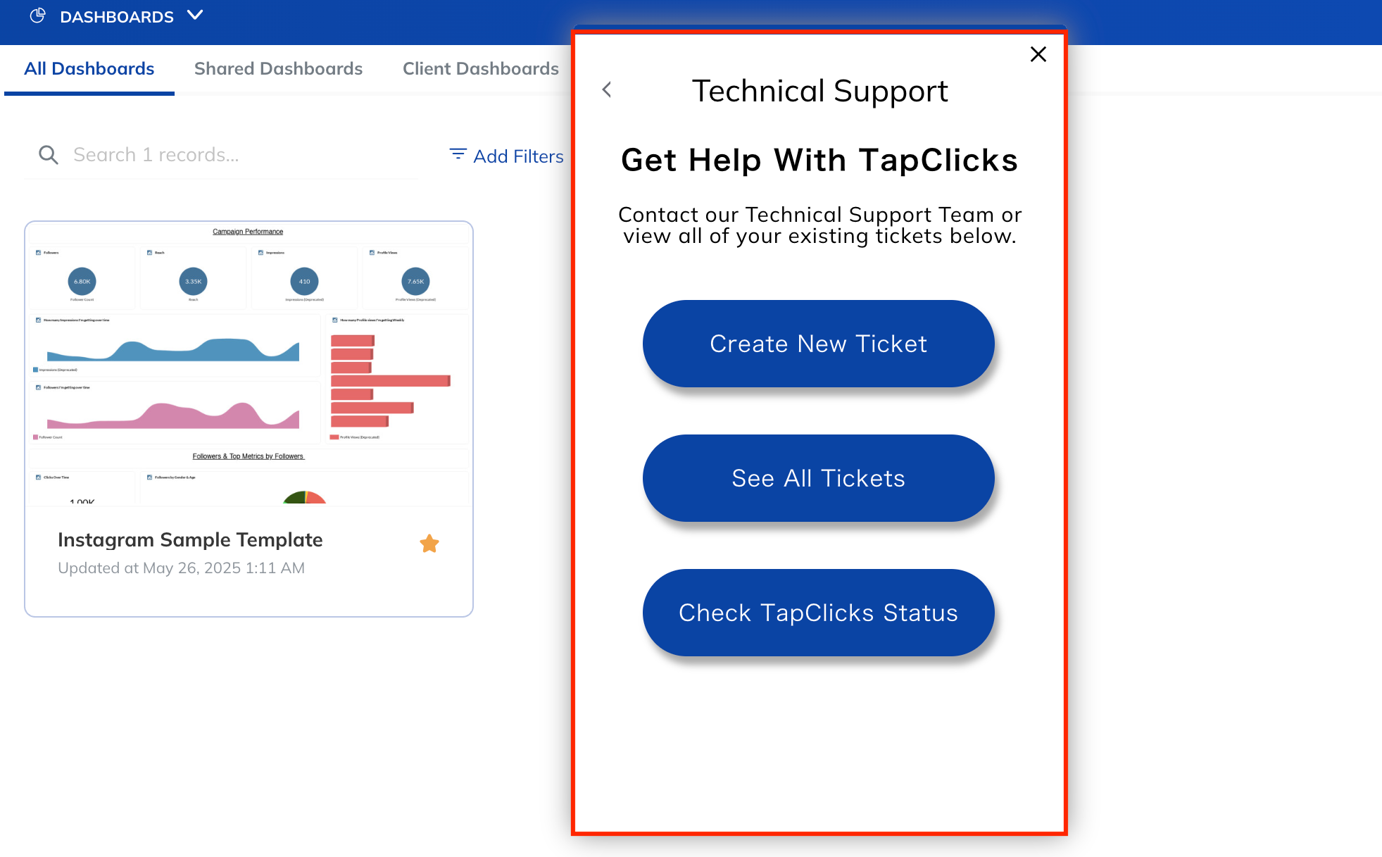 TapClicks technical support page - A support pop-up window with button options.
