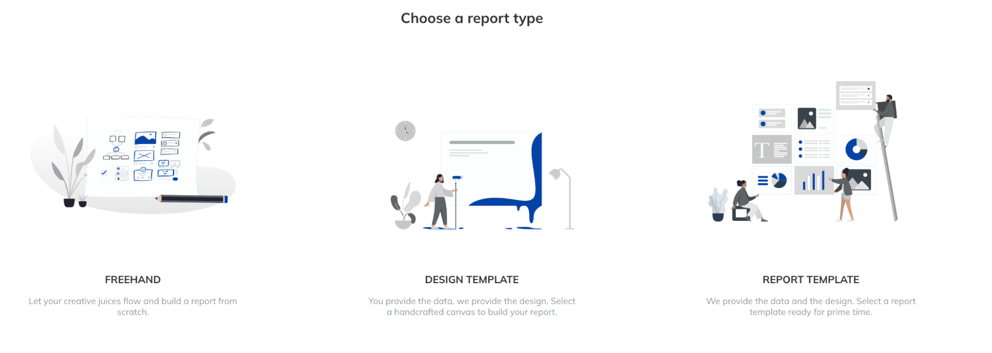 TapClicks Templates Feature - Three graphic panels for report types: Freehand, Design Template, and Report Template.