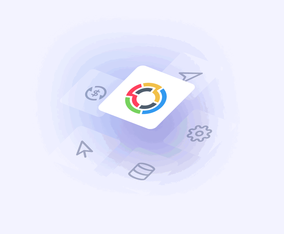Tapclicks Reviews - Icon with a colorful circle on a white card, surrounded by other icons.