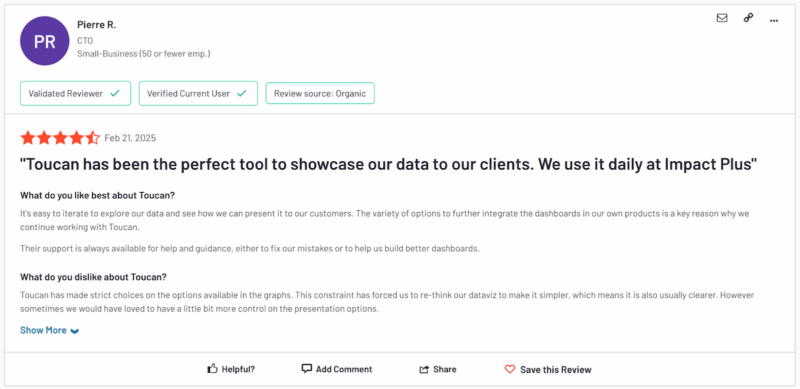 Toucan Review - Customer review featuring five-star rating and written feedback