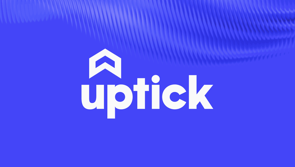 Uptick - Logo for "Uptick" with a double arrow icon, set against a blue textured background.