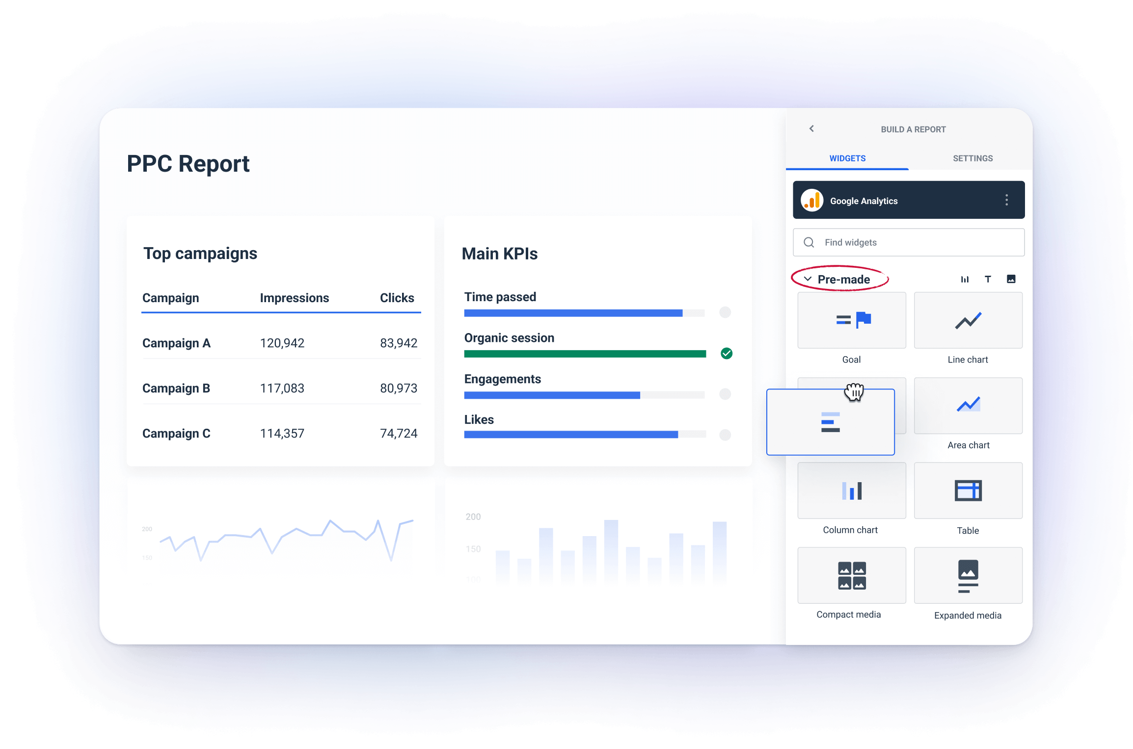 Drag-and-drop widgets on Whatagraph's PPC reporting tool