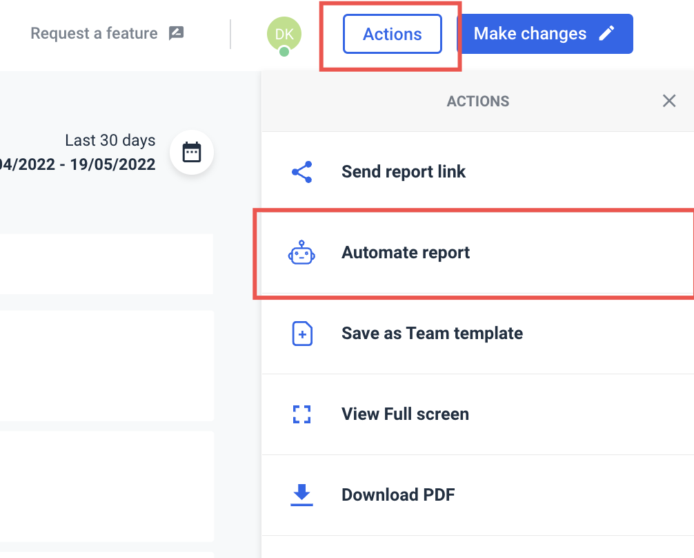 Whatagraph automate report feature - A menu showing options such as automate report and download PDF.