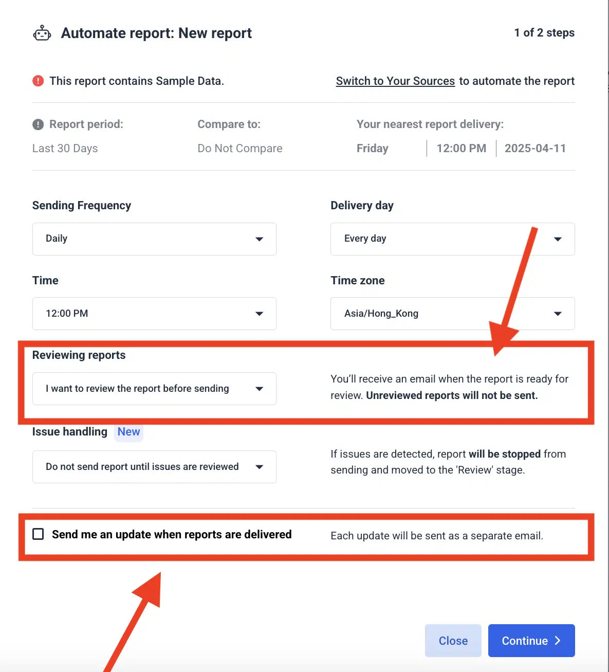 Whatagraph Automate Send Report - Screenshot of report automation settings with dropdowns and checkboxes.