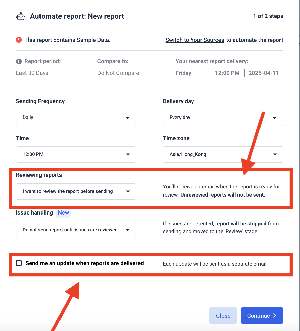 Whatagraph Automated Report Feature - Automated report interface showing sending frequency and delivery settings.
