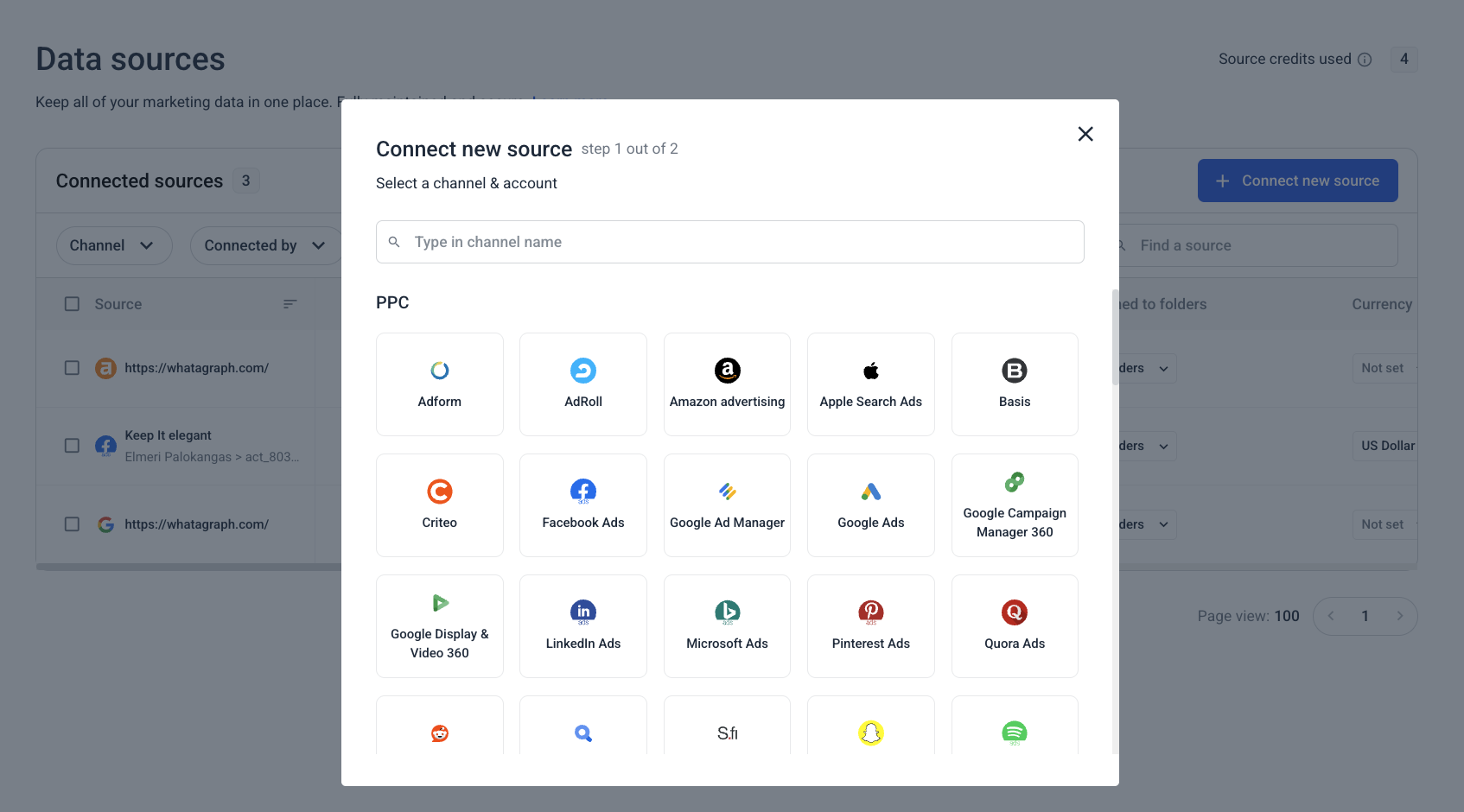 Whatagraph Connect New Source - A window shows a variety of PPC channels with their logos.