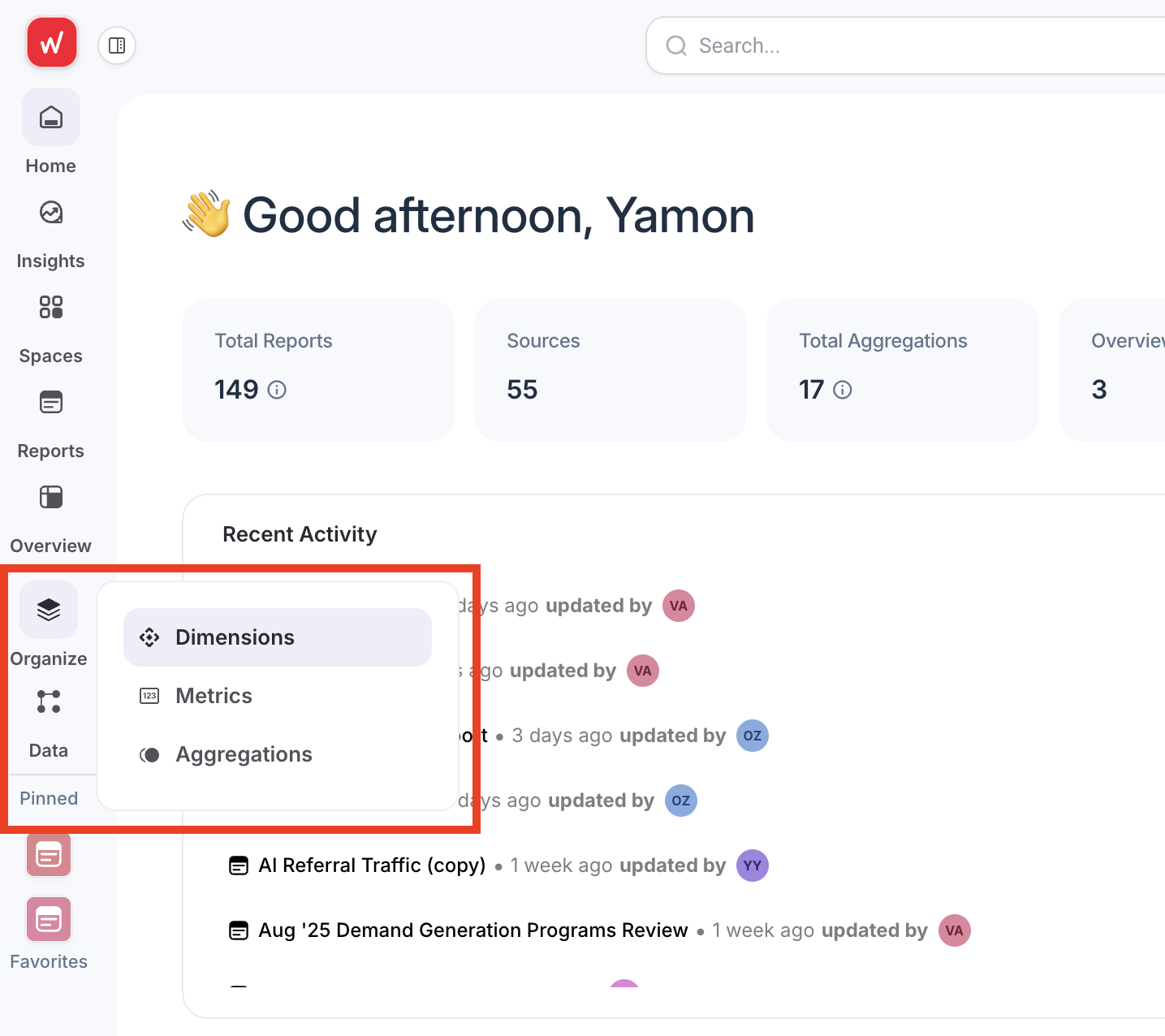 Whatagraph Dimensions Space - Dashboard menu with dimensions, metrics, and aggregations options