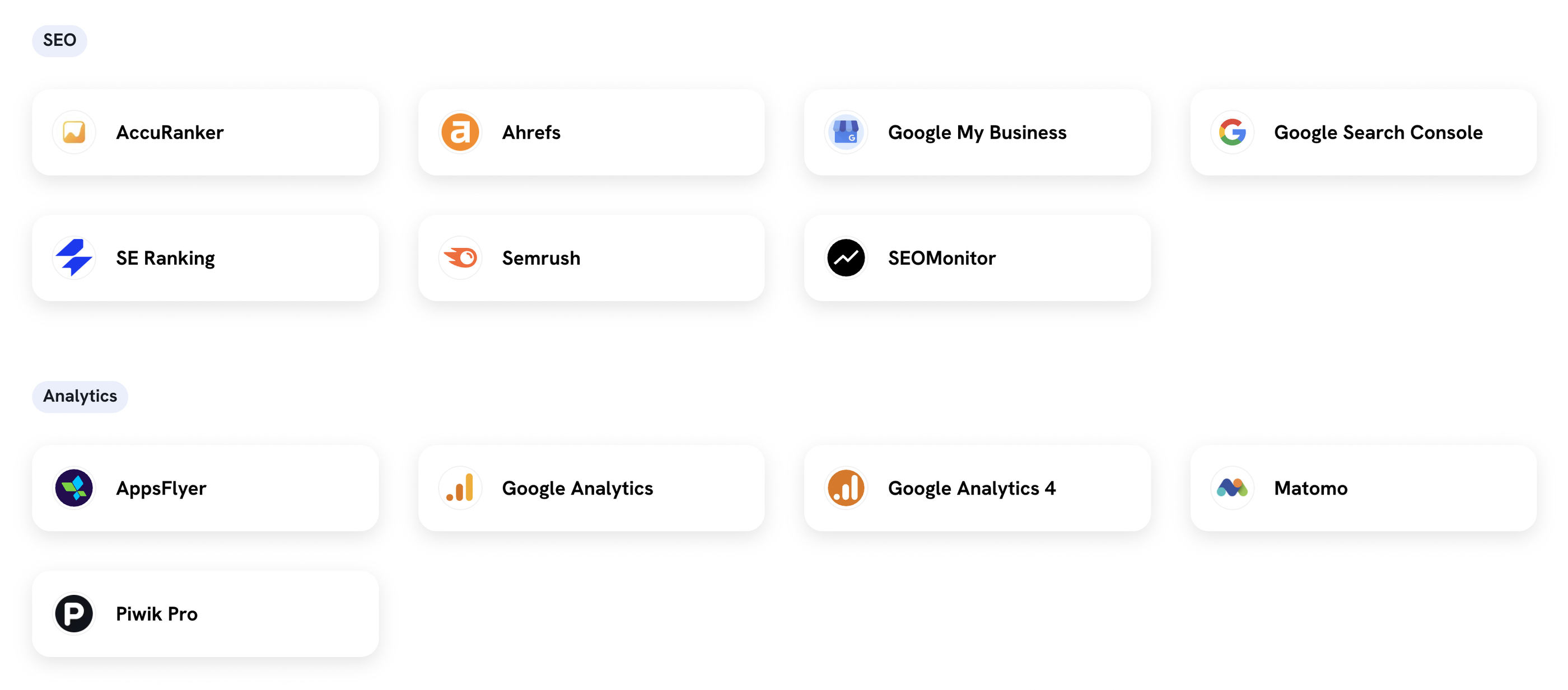 Whatagraph Integrations - A grid of logos for SEO and analytics tools.